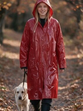 💐NWT💐 Vintage Vibrant Red High-Gloss PVC Hooded Raincoat - size S